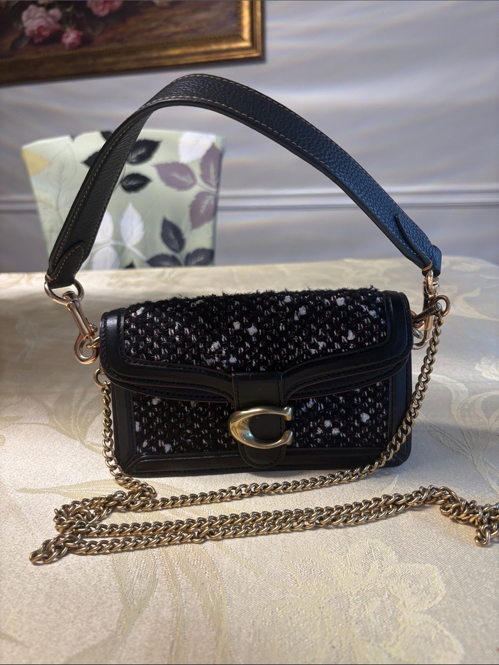 Coach Tabby Mini Black Tweed & Leather Shoulder Bag with Gold